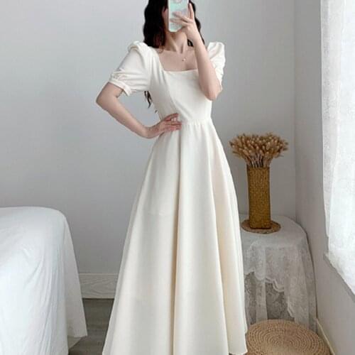 2021 Hepburn Light Mature Style Dress Womens Bubble Sleeve White Skirt Square Neck Closing Waist Thin Temperament Over Knee