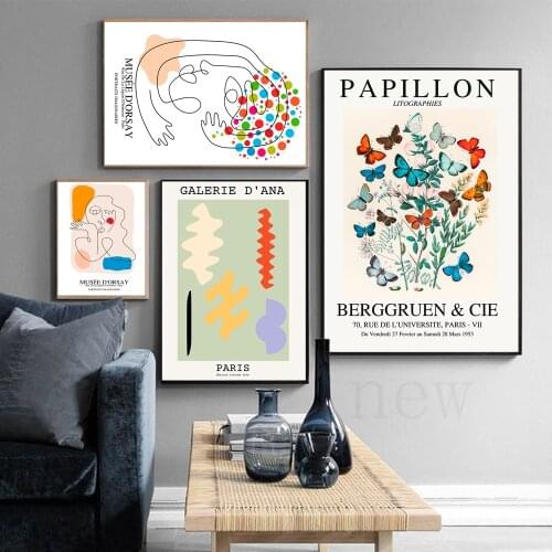 Picasso Matisse Gallerie Wall Pictures Colorful Butterfly Exhibition Posters Art Canvas Print Abstract Painting Interior Decor