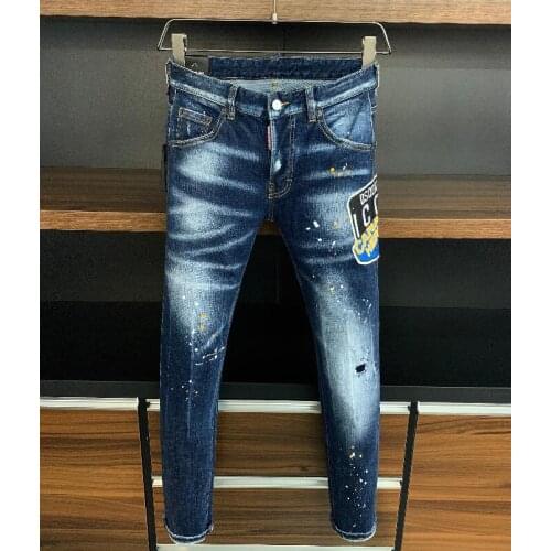 New Mens Skinny Jeans With Ripped Holes And elastic Paint Spray Blue Stitching Beggar Pants 9805