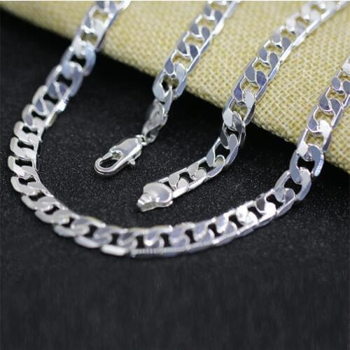 KOFSAC 6mm Mens Jewelry 1:1 Side Link Cuban Chain Necklace 16-24 Inch Trendy Silver 925 Chain Necklaces for Men Holiday Gifts