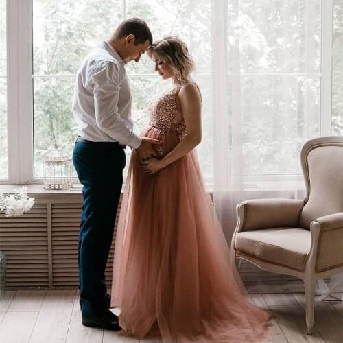 Pregnancy Evening Dress Pregnant V-Neck A-Line Court Train Crystal Beaded Women Party Gowns Elegant Side Slit robes de soirée