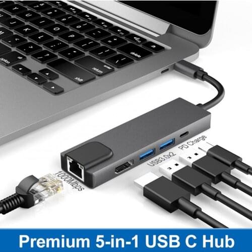 Portable 5-in-1 Gigabit Ethernet Lan RJ45 Type-C Hub to 4K USB 3.0 PD USB-C Docking Station
