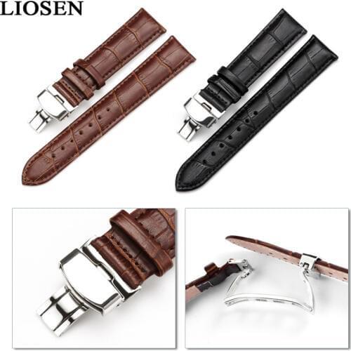 LIOSEN New Watch Bracelet Belt Black Watchbands Genuine Leather Deployant Buckle Watch band 18-24mm Watch Accessories Wristband