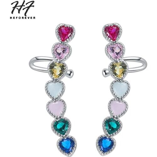Romantic Multicolor Ear Cuff Earrings For Women Love Heart Crystal Silver Color Birthday Party Gift Fashion Jewelry E337 E339