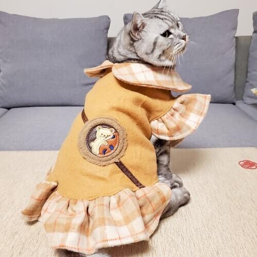 Cat Kitten Plaid Woolen Dress Pet Cat Outfits Small Puppy Dog Spring Autumn Warm Doll Collar Buttons Coat Dress Cute Pet Skirt