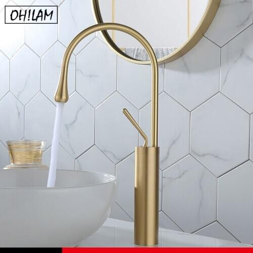 Modern Single Hole 1-Handle Bathroom Sink Faucet High Arc Spout in Brushed Gold Solid Brass Mixer Art Teardrop-Shaped Basin Taps