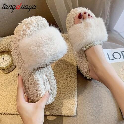 Rhinestone Slippers Women Furry High-heeled Slides Fluffy Faux Fur Flip Flops Warm Home Slippers platform Ladies Winter Shoes