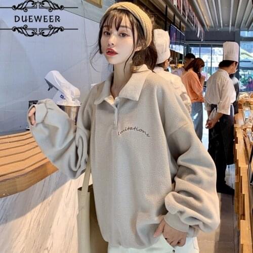 DUEWEER Hoodies Womens Oversize Pullover Turn-Down Collar Thicker Warm Korean Style High Quality All-match Leisure Women Hoodie
