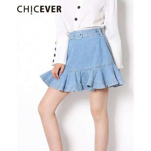 CHICEVER Denim Skirt For Female High Waist Lace Up Ruched Womens Casual A Line Mini Skirts 2021 Fashion Clothes Korean Tide New