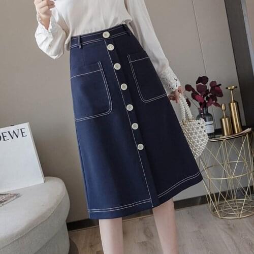 Fashionable Spring Skirt A-line Female Summer New High Waist Versatile Mid-length Buckle Pockets Slim Mujuer Faldas K159