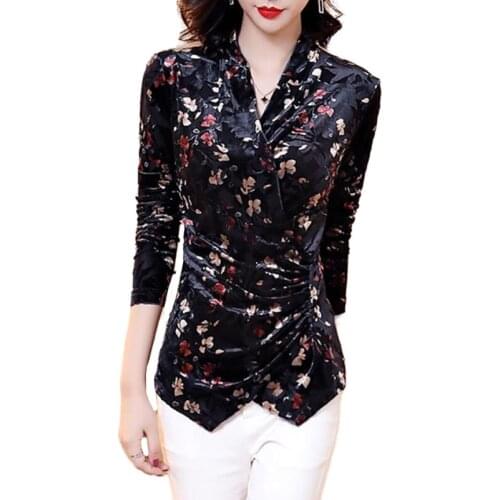 Womens Spring Autumn Style Velvet Blouse Shirt Womens Printed V-Neck Long Sleeve Korean Slim Tops SP922