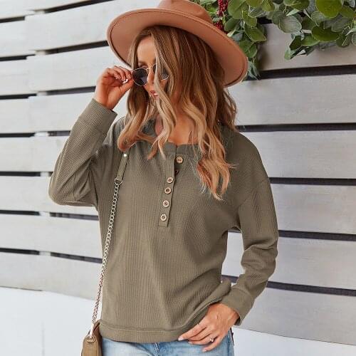Winter T Shirt Women Vintage Long Sleeve Fashion Clothing Y2k Aesthetic Button Casual Solid O-Neck Loose Aesthetic Clothes