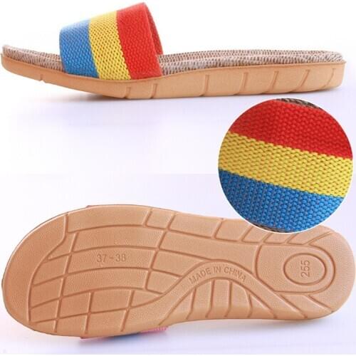 Womens Indoor Slippers Winter Fashion Handmade linen Sandals Four Seasons Home Non-slip Rainbow Thick Bottom Casual flat Shoes