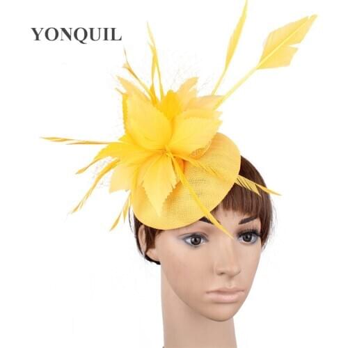 Imitation Sinamay Yellow Fascinators Hats Women Derby Elegant Ladies Headwear Hair Clips Winter Feater Decor Headdress SYF478