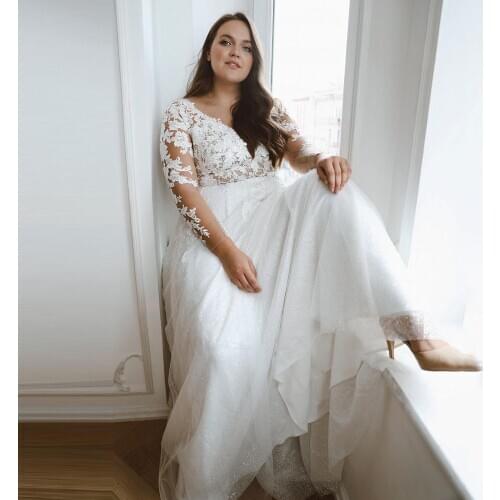 Thinyfull Elegant Plus Size Wedding Dresses Sheer Scoop Neck A Line Bride Dresses Tulle Lace Appliques Vestidos de novia 2020