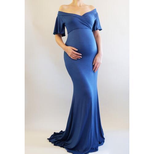 Women Pregnants Maternity Photography Cooton V-Neck Shoulder Ruffles Solid Dress Bohemian Pregnants maternity dress Photography
