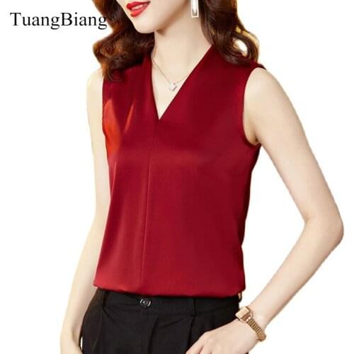 2021 Satin Simple Fashion Deep V-Neck Woman T-Shirts Summer Sexy Elegant Sleeveless Tshirts Female Champagne Blue Slim Vest Tops