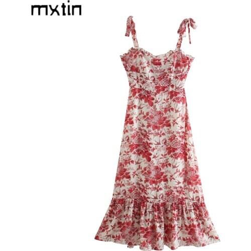 2021 Summer Women Sexy Sleeveless Floral Print Midi Dress Vintage Backless Bow Tie Spaghetti Straps Strap Party Female Dresses