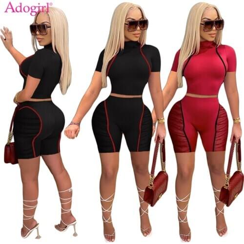 Adogirl Plus Size S-3XL Sheer Mesh Patchwork Tracksuit Women Casual Two Piece Set Short Sleeve Crop Top Shorts Active Suit