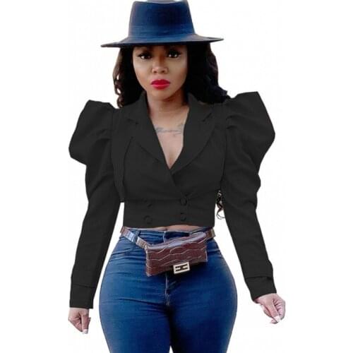 African Blazer Clothes For Women Puff Sleeve Notched Neck Tops Autumn New Solid Double Breasted African Clothing Jacket Blazers