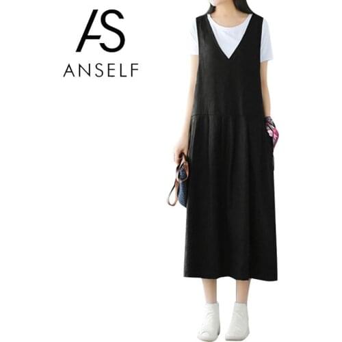 Anself Vintage Women Cotton Dress Solid Color V Neck Summer Plus Size Sleeveless Ladies Dresses Korean Style Loose Baggy Dress