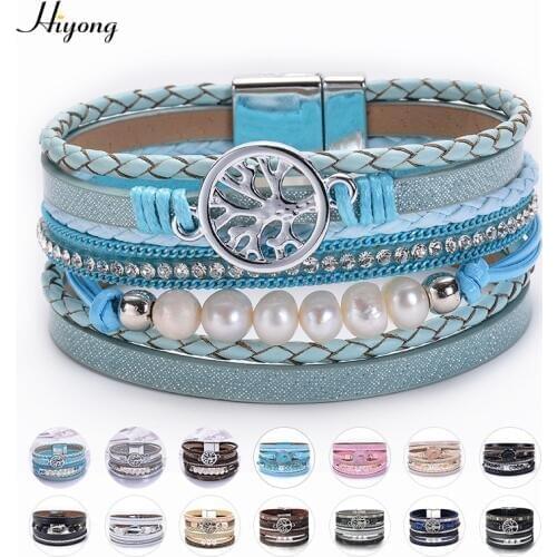 HIYONG 2019 Fashion Bohemian Multiple Layer Leather Bracelets For Women Pearl Of Fresh Water Charms Wrap Bracelets Femme Jewelry
