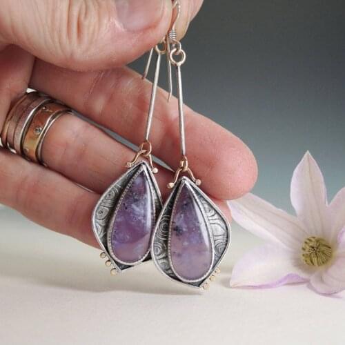 Long Bar Linear Teardrop Dangle Enamel Earrings Vintage Pink Purple Jewelry Two Tone Silver Color Synthetic Stone Jewelry
