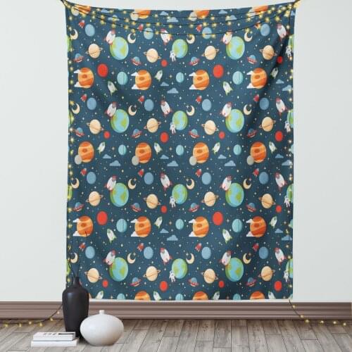 Cartoon Tapestry Astrological Concepts Earth Mars Art Satin Fabric Wall Hanging for Bedroom Living Room Dorm Meeting Background
