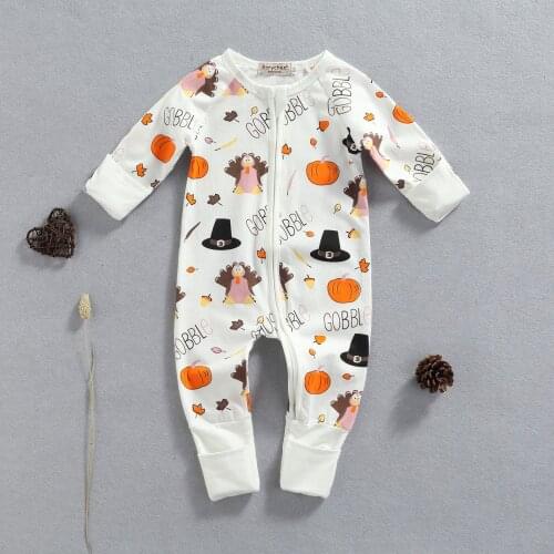 Cute Baby Toddler Halloween Romper Pumpkin & Letter Print Long Sleeve Round Neck Zipper Jumpsuit Playsuit