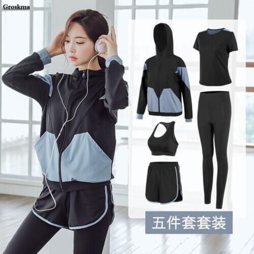 Outdoor Sports Running 5 Piece Set Women Professional Yoga Suits Qick Dry Fitness Gym Clothing Coats+T Shirt+Bra+Shorts+Pants