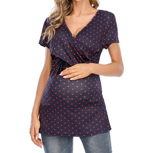 Summer Maternity Clothes Women Round V-neck Short Sleeve Wave Point Maternity Large Size T-shirt Top Ropa Mujer Embarazada