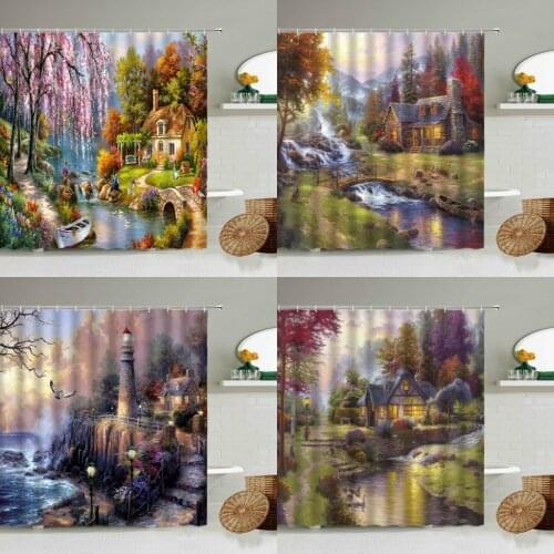 Dream Rural Scenery Oil Painting Shower Curtain Cherry Blossom Trees Plant House Creek Landscape Bathroom Decor With Hook Screen