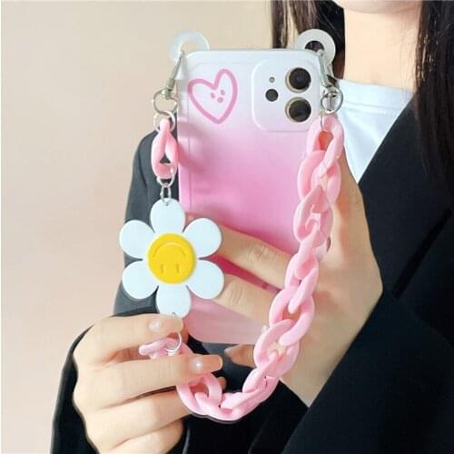 Fashion Smile Daisy Flower Bracelet Phone Case For iPhone 12 11 Pro Max XR XS SE20 7 8 Plus Cute Bear Chain Cover Soft TPU Coque
