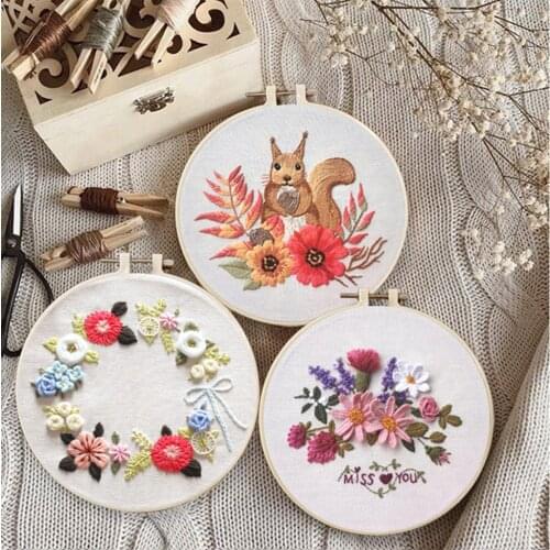 DIY Flowers Plants Pattern Embroidery Set Needlework Tools Printed Embroidery Fabric Round Embroidery Kit DIY Sewing Kit P1