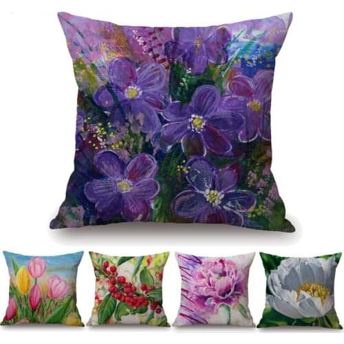Daffodil Blue Dogwood Sunflower Cushion Cover Flower Painting Beige Linen Throw Pillow Case 45X45cm Sofa Decoration