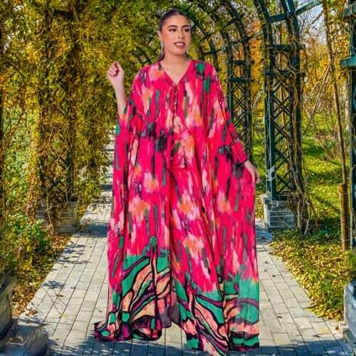 Nigeria Fashion African Clothes For Women Sexy V-collar Loose Tops and Wide Pants Suit Casual Colorful Printing Two Piece Set