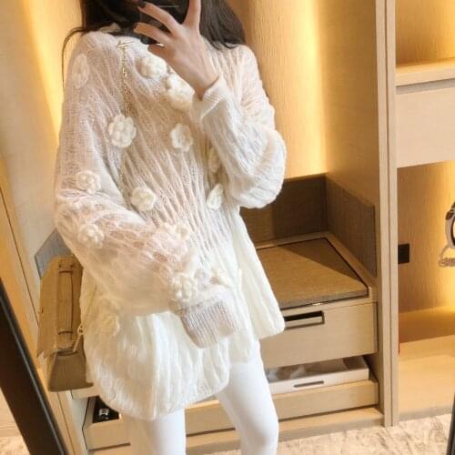 Perspective Hand Crocheted 3D Flowers Yarn Mohair Sweater Loose Knitted Pullovers Dress Thin Long Sleeve Crop Tops 2021 Sueteres