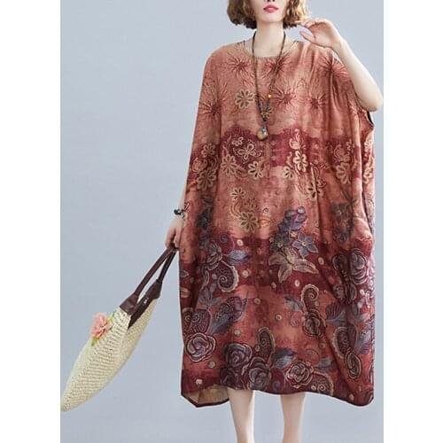 Uego Batwing Sleeve Loose Spring Summer Dress Thin Soft Silk Print Floral Vintage Dress Plus Size Women Casual Long Dress Robes