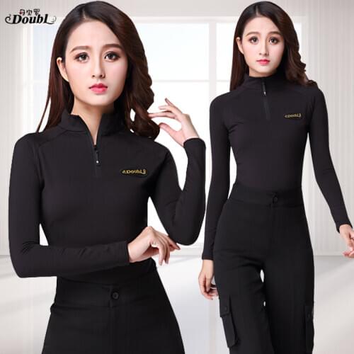 Doubl Latin Dance Tops Women Zipper Yoga Clothes T-Shirt Long Sleeve Modern Practice Lady Black Thick High Collar Warm winter