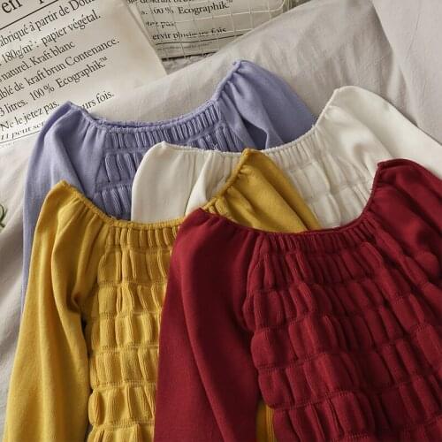 Womens Careful Machine One-line Collar Exposed Clavicle Short Slim Knit Sweater Women 2021 New Pleated Wood Ear Long-Sleeved to