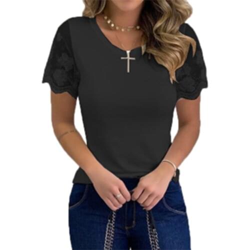 Summer Fashion T-shirt Sexy O Neck Solid Color Patchwork Lace Women Tops Short Sleeve Tees 2021 Elegant Y2k Shirt Woman Tshirts