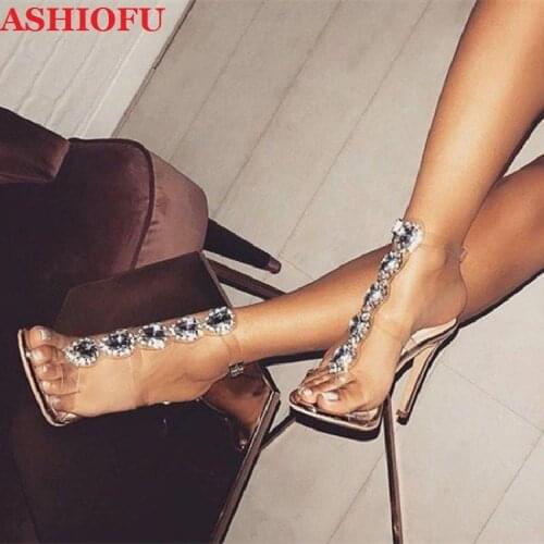 ASHIOFU Handmade Ladies High Heel Sandals PVC Leather Crystal Jewelry Party Prom Shoes Sexy Evening Club Fashion Sandals Shoes