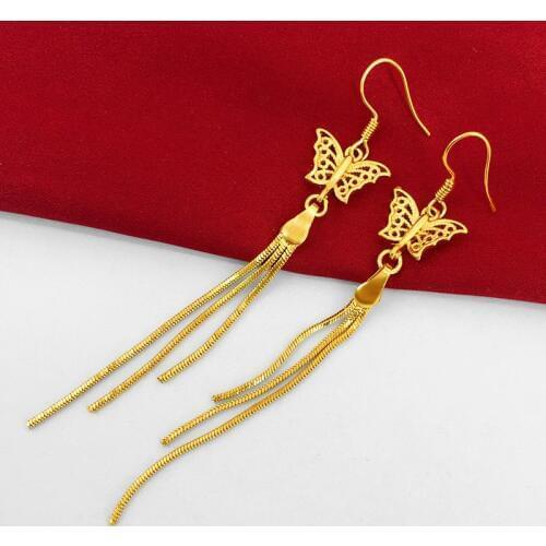 Yellow Gold Color GP Earrings for Women Butterfly Long Tassel Earing Brincos Wedding Bridal Jewelry Accessories Pendientes Mujer