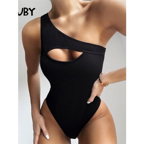 SRUBY Black One Shoulder Sexy Bodysuit Women Sleeveless Slash Bodycon Rompers Womens Jumpsuit Solid Summer BodySuit beach wear