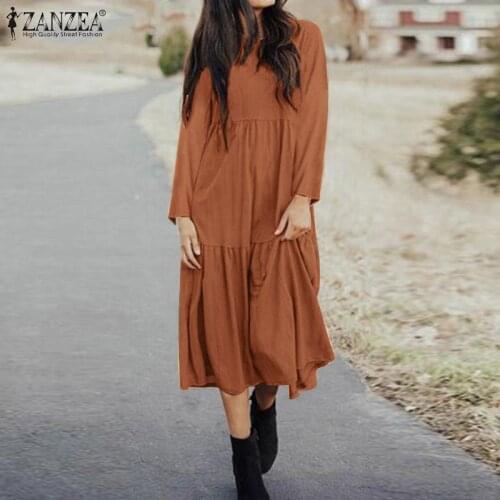 ZANZEA Vintage Women Long Sleeve Ruffles Sundress Autumn Mid-calf Dress Femme Robe Holiday Party Casual Solid Cotton Vestidos