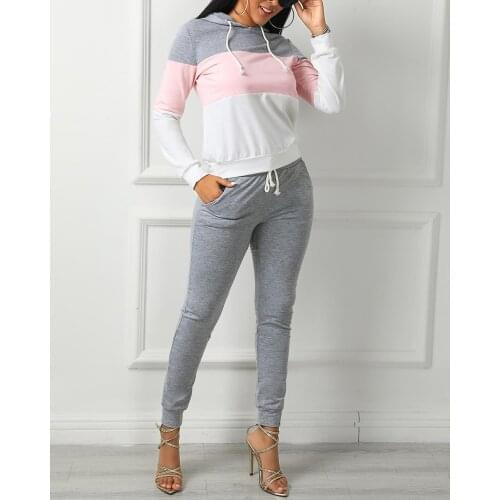 2020 Fashion Drawstring Design Colorblock Hooded Top & Slinky Pant Sets Women 2 Piece Outfits Jogging Femme Casual Tracksuits