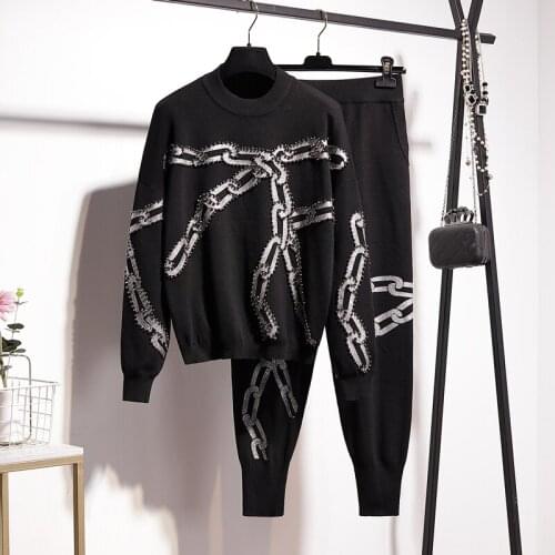 Black Knitted Set Women Tracksuits Manual Beading Chain Print Sweater Pants Two Piece Outfits Female Loose Knit Suit Streetwear