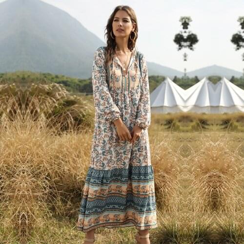 Ladies Elegant Summer Long Bohemian Print Dress Women 2021 New Full Sleeve V-neck Ankle Length Dress