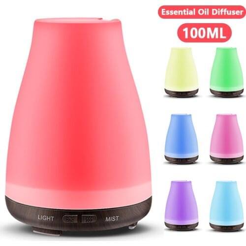 100ML Air Humidifier Electric Aroma Diffuser Mist Wood Grain Oil Aromatherapy Mini Have 7 LED Light 2 Mist Mode For Home Office