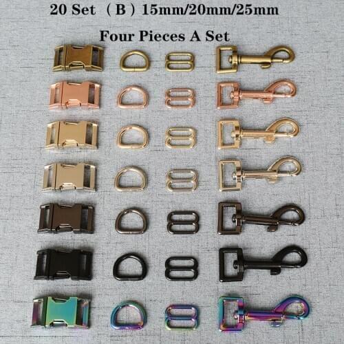 20 Set (B) 15mm/20mm/25mm Metal D Ring+Snap Hook+Adjustable+Release Buckle DIY Dog Collar and Leash Accessories 4JT7826B